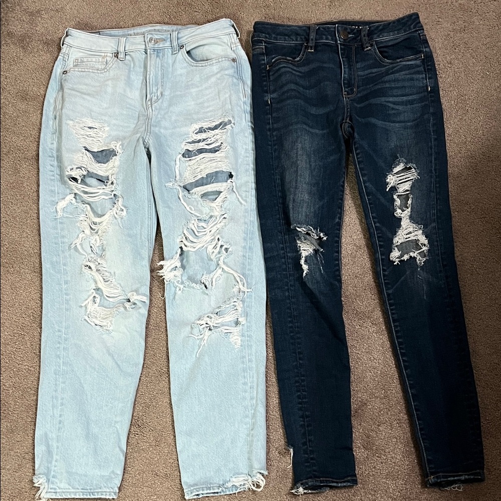 2 pair distressed ripped American Eagle jeans light blue,dark blue